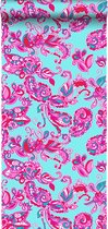 ESTAhome behang funky flowers en paisleys turquoise en roze - 136840 - 53 cm x 10,05 m