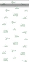 ESTAhome behangpapier auto's, brandweerauto's, helikopters en kranen mintgroen op wit - 128856 - 53 cm x 10,05 m