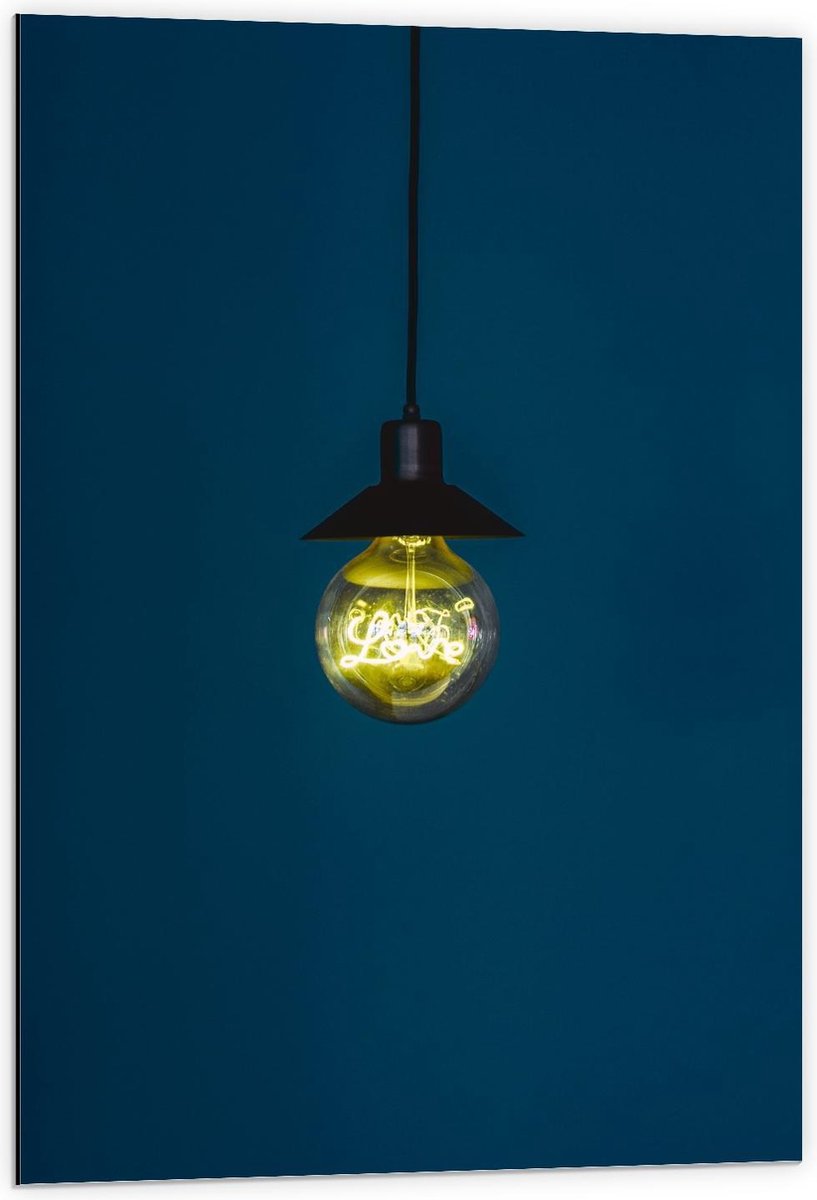 Dibond - Gloeilamp met Blauwe Achtergrond - 60x90cm Foto op Aluminium (Wanddecoratie van m