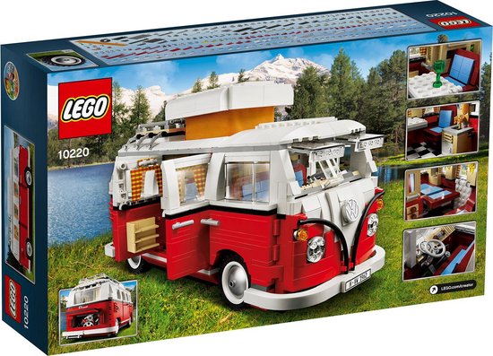 LEGO Volkswagen T1 Camper Van (10220) bouwpakket met open deuren.