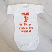Baby Rompertje tekst Mijn eerste EK - Oranje fan baby voetbal Nederlands elftal | Mijn eerste EK ik ben al een winnaar| lange mouw | wit oranje | maat  hup holland hup babykleding geen shirt nederland supporteer oufit