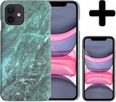 Hoesje Geschikt voor iPhone 11 Hoesje Marmer Case Hard Cover Met Screenprotector - Hoes Geschikt voor iPhone 11 Case Marmer Hoesje Backcover - Groen