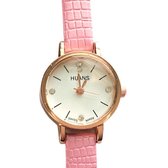 Horloge-Huans-roze-krokodillenlook-leer-22 mm- Smalle pols-Zirkonia-Goudkleurig- Charme Bijoux
