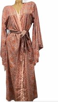 Dames zijde kimono/jas/jurk met print onesize 36-40 roze/bruin/zwart