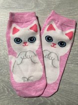 Roze enkelsokken Cartoon style met witte kat Unisex Maat 36-41