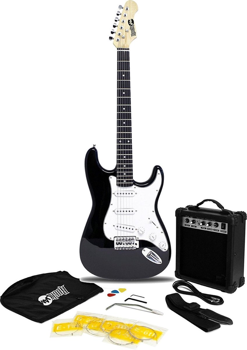 RockJam elektrische gitaarset met 10 watt versterker, riem, plectrums en lead - zwart