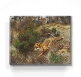 Renard et chiens de chasse - Bruno Liljefors - 24 x 19,5 cm - Indiscernable d'une véritable peinture sur bois à poser ou à accrocher - Impression laque.