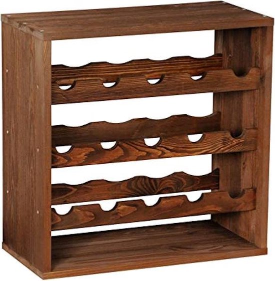 Een open, donkerbruin houten wijnrek met drie niveaus voor twaalf flessen, met golvende houten planken.