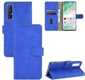 Voor OPPO Reno3 5G (Japanse versie) Effen kleur Huidgevoel Magnetische gesp Horizontale flip kalftextuur PU lederen tas met houder & kaartsleuven & portemonnee (blauw)