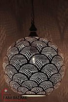 Bollamp Koraa zilver met waaier patroon- Ø 35 cm - Zilver - Handgemaakt - Authentiek - Arabische - Egyptische - Marokkaanse - Oosterse Lampen - Maat XL