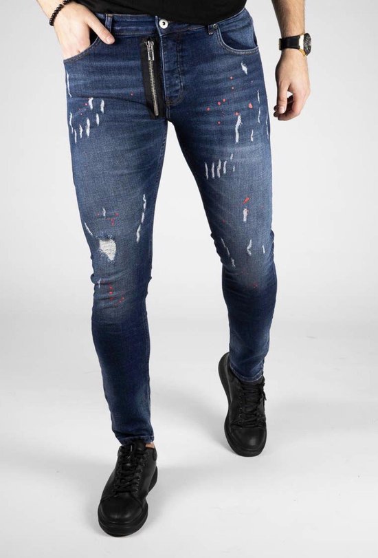 RYMN jeans skinny slimfit donkerblauw met rode verfspetters en rits design  size 32 | bol