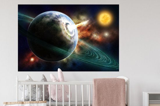 Sticker Muursticker Système solaire - Crash de météorite - 120x80 cm - film adhésif autocollant - sticker mural repositionnable