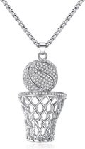 Basketbal Ketting met Hanger - Zilver Kleurig met Diamantjes (Zirkonia) - Kettingen Heren Dames - Cadeau voor Man - Mannen Cadeautjes