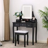 Gutos Lina Kaptafel - Make up tafel - Kruk - Met stoel - Zwart - Kaptafel met spiegel - Toilettafel - Met spiegel en verlichting - Kaptafels - Met LED