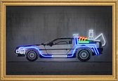 JUNIQE - Poster met houten lijst Neon Delorean -30x45 /Blauw & Grijs