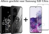 Samsung S20 Ultra Hoesje - Samsung Galaxy S20 Ultra hoesje Kickstand Ring shock proof case transparant zwarte randen armor magneet - Full Cover - 1x Samsung S20 Ultra Screenprotect