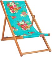Twee Houten Strandstoelen met Turquoise Bloem design Hanami - 2 Ligstoelen - Tuinstoelen - Acaciahout - met vier verstelbare rugleuning posities
