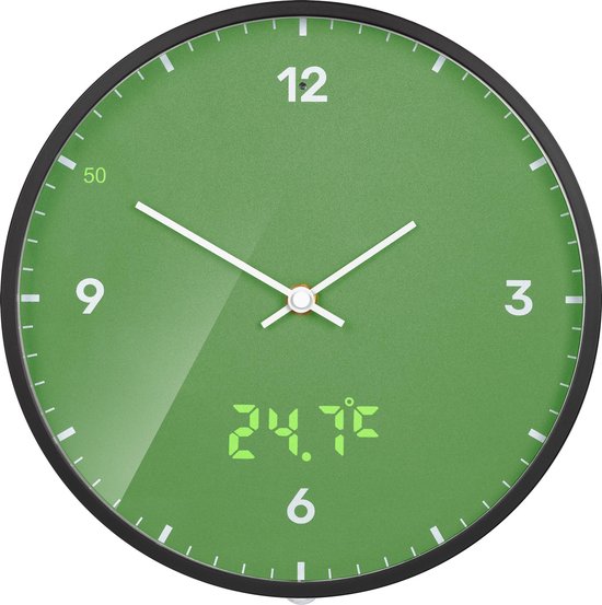 Horloge murale Bresser MyTime - Vert - Avec trotteuse LED et affichage de la température - 24Ø - Mouvement silencieux