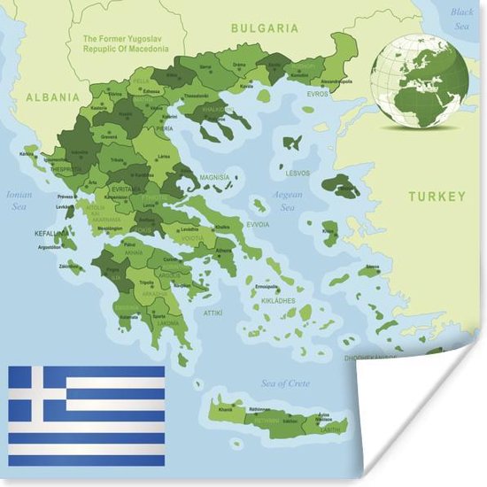 Poster Gedetailleerde kaart van Griekenland - 75x75 cm