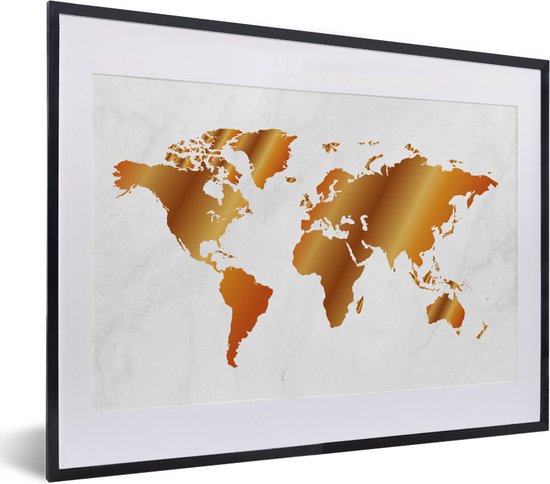 Fotolijst incl. Poster - Wereldkaart - Marmer - Goud - 40x30 cm - Posterlijst