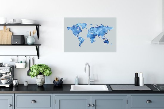Mappemonde aquarelle bleu sur fond bleu clair 90x60 cm