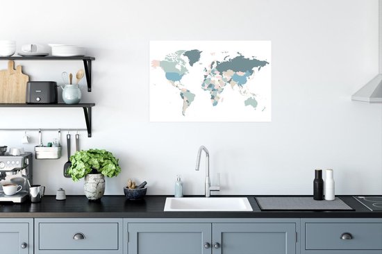 Wereldkaart avec des pays de différentes couleurs pastel sur fond blanc 90x60 cm