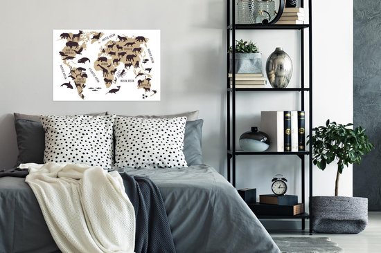 Décoration murale - Wereldkaart - Marron - Animaux - 90x60 cm - Affiche