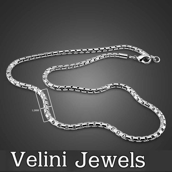 Zilveren ketting van 1.2MM breed, met doos-schakels en een lobster-sluiting. Velini Jewels.