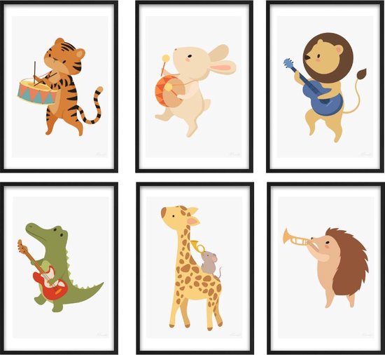Kinderkamer Poster - Poster Muziek Baby Tijger, Konijn, Giraffe, Krokodil, Leeuw en Egel / Kinderkamer / Dieren Poster / Babykamer - Kinderposter / Babyshower Cadeau / Muurdecoratie / 30 x 21cm / A4