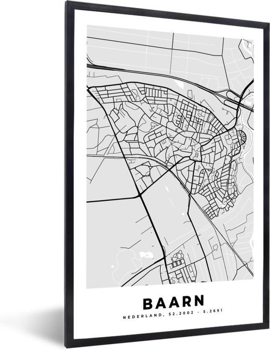 Fotolijst incl. Poster - Stadskaart - Baarn - Grijs - Wit - 20x30 cm - Posterlijst - Plattegrond
