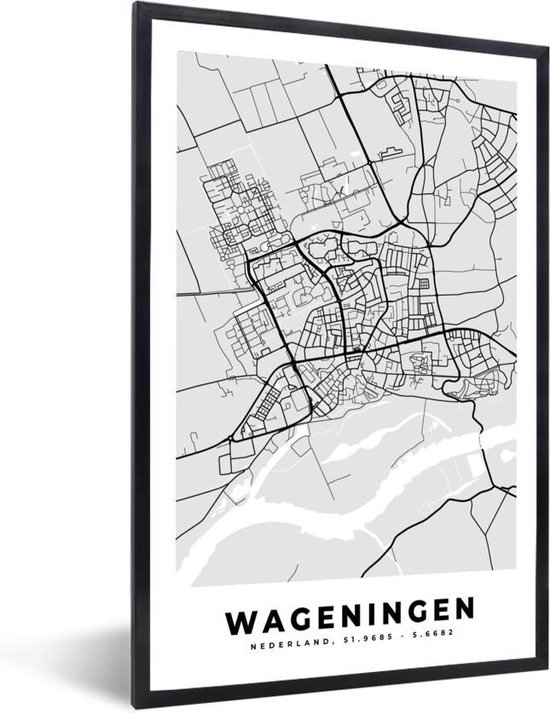 Fotolijst incl. Poster - Stadskaart - Wageningen - Grijs - Wit - 40x60 cm - Posterlijst - Plattegrond