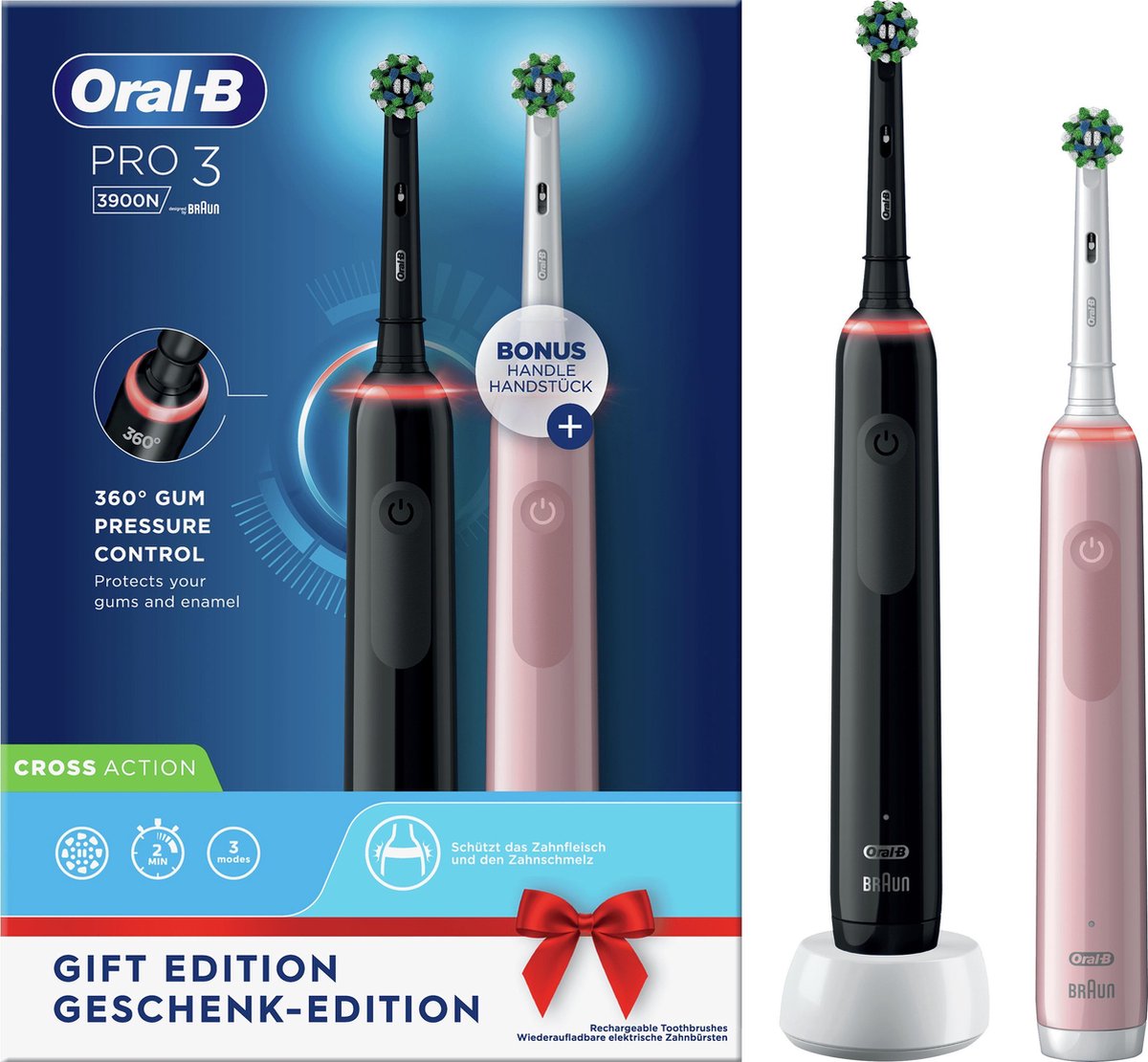 Bol.com Oral-B Pro 3 - 3900 - Zwarte en Roze - Elektrische Tandenborstel aanbieding