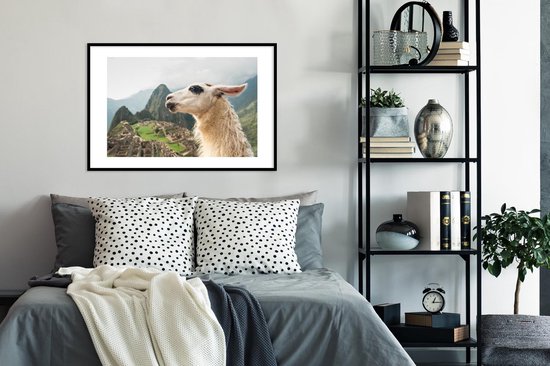 Photo dans le cadre - Lama Witte avec des taches noires Cadre photo noir avec passe partout blanc 60x90 90x60 cm - Affiche dans le cadre (Décoration murale salon / chambre)