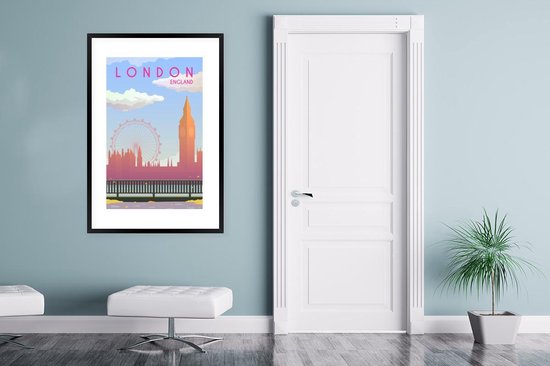 Image encadrée - Illustration de la ville de Londres en Angleterre cadre photo noir avec passe partout blanc 80x120 80x120 cm - Affiche encadrée (Décoration murale salon / chambre)