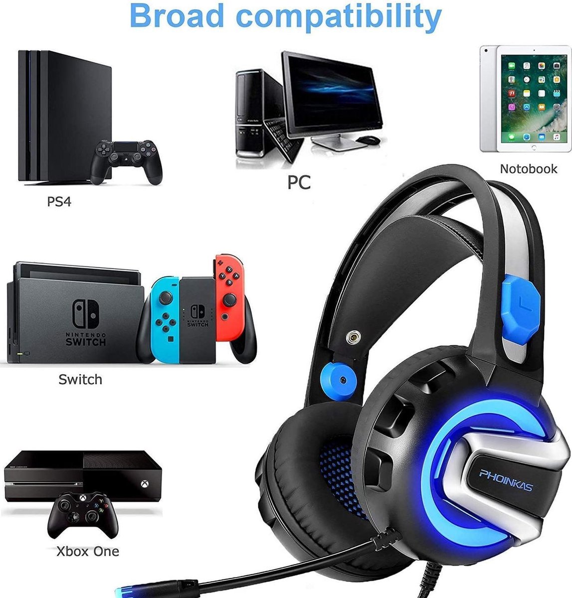 Casque de jeu pour PS4, PS5, Nintendo Switch, micro unique marche-arrêt et  contrôle du volume, avec microphone antibruit, compatible avec Xbox Series
