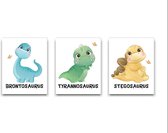 Schilderij  Set 3 Tyrano Stego Brontoaurus Dinosaurus - Kinderkamer - Dieren Schilderij - Babykamer / Kinder Schilderij - Babyshower Cadeau - Muurdecoratie - 50x40cm - FramedCity