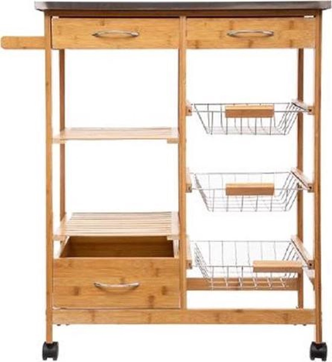Relaxdays keukentrolley XL, bamboe, met lade, metalen mand, kastgedeelte, serveerwagen hout, HBD 80 x 60 x 35 cm, natuur Relaxdays keukentrolley XL, bamboe, met lade, metalen mand, kastgedeelte, serveerwagen hout, HBD 80 x 60 x 35 cm, natuur