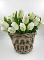 Houten Tulpen 30cm - 50 Witte Tulpen Plus Mand - Woondecoratie - Cadeau - Holland Souvenirs- Moederdag-Valentijnsdag