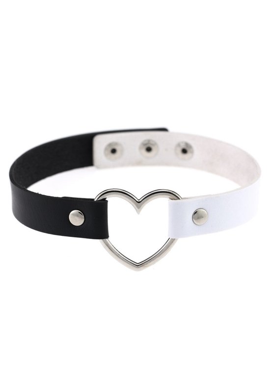KIMU tour de cou coeur noir blanc - collier en cuir PU chaîne coeur collier