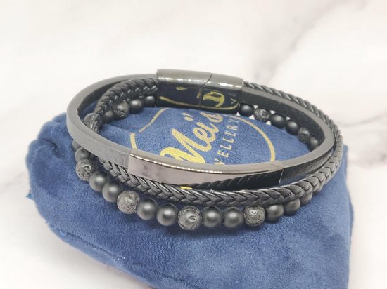 Mei's | Coco Onyx Leather armband | armband heren / sieraad heren / Edelsteen / Zwarte Onyx / Lavasteen / Echt Leder / 316L Roestvrij Staal / Chirurgisch Staal | polsmaat 19,5 cm / zwart