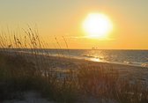 Tuinposter - Zee - Strand in geel / beige / grijs / oranje   - 80 x 120 cm.