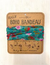 Boho Bandeau, Natural Life, haarband, bohemien hoofdbandje, bloemen, aqua groen, roze, rood en camel