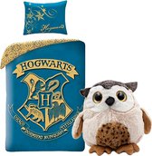 Harry Potter Dekbedovertrek- Katoen- 1persoons- 140x200- Dekbed Hogwarts Logo -Blauw, incl. Pluche Uil 21 cm