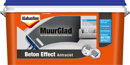 Oranje emmer Alabastine MuurGlad Beton Effect Antraciet verf met een blauw deksel.