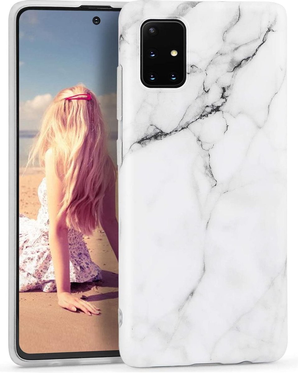 Geschikt voor Samsung Galaxy A21s hoesje - Wit / Zwart- Marmer - Soft TPU
