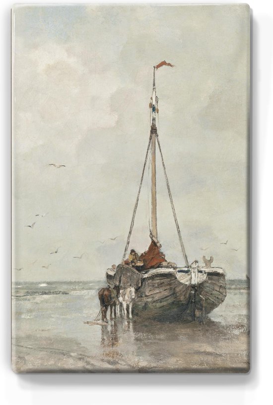 Bomschuit op het Scheveningse strand - Jacob Maris - 19,5 x 30 cm - Niet van echt te onderscheiden schilderijtje op hout - Mooier dan een print op canvas - Laqueprint.