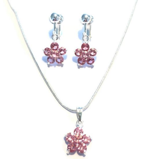 MNQ bijoux - Collier plaqué argent avec boucles d'oreilles clip - Fleur scintillante - Rose - Set