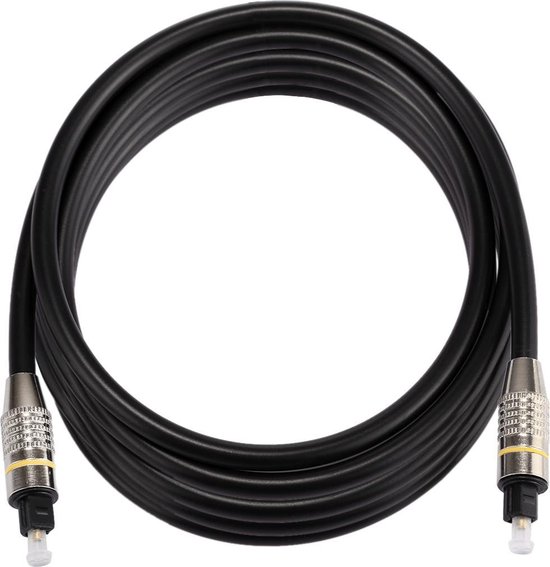Zwarte, ronde Toslink optische kabel met zilverkleurige connectoren.