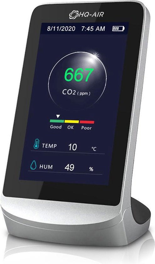 Slimme luchtkwaliteitsmonitor De luchtkwaliteitsmonitor voor binnen detecteert CH2O, CO2, VOC, temperatuur en vochtigheid. Bediening via een app, monitor met thermometer en vochtmeter voor slimme
