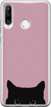 Huawei P30 Lite hoesje - Zwarte kat - Siliconen - Soft Case Telefoonhoesje - Print - Roze